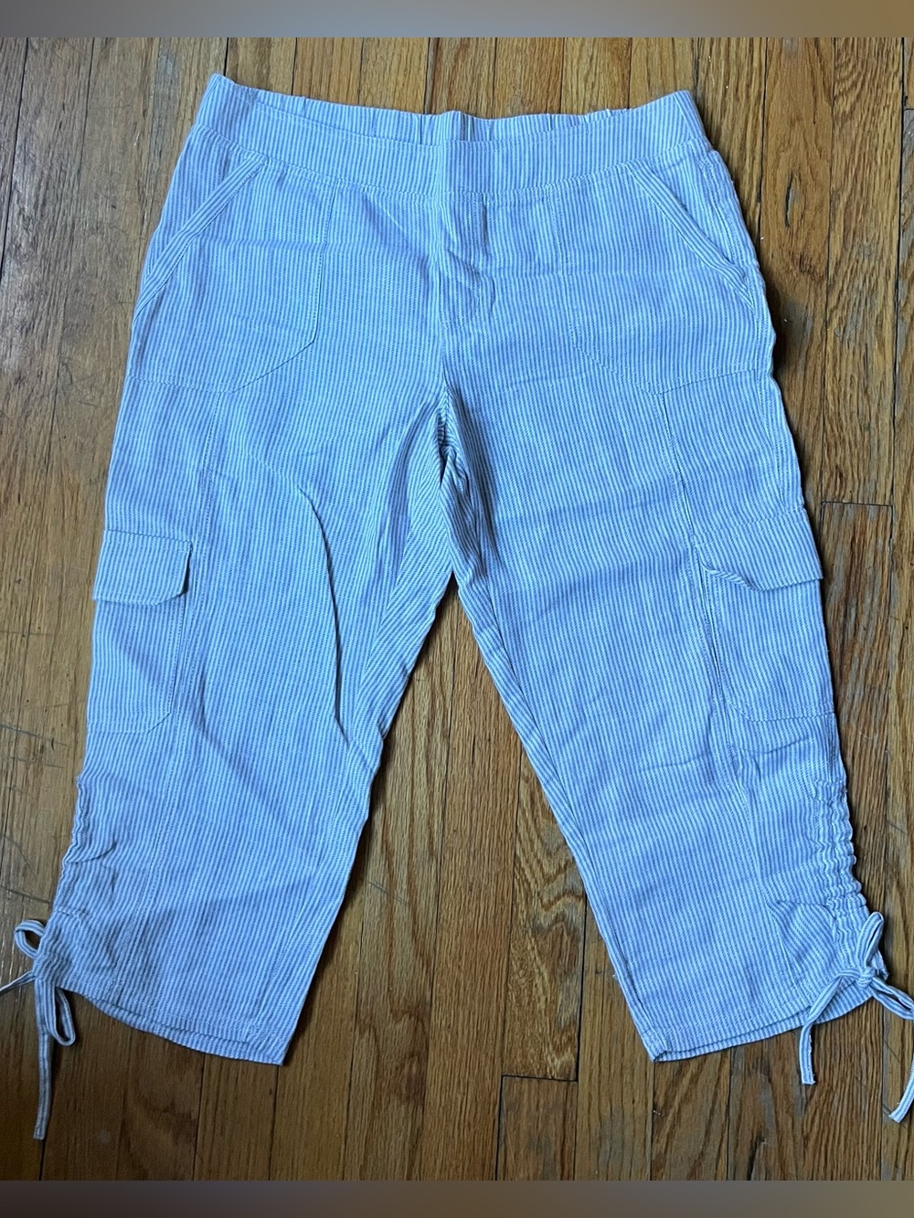 White and gray pinstripe linen cotton blend capris